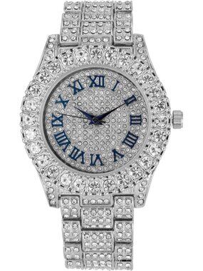 Women's Silver Blue Big Rocks Bezel Colored Dial with Roman Numerals Wrist Watch